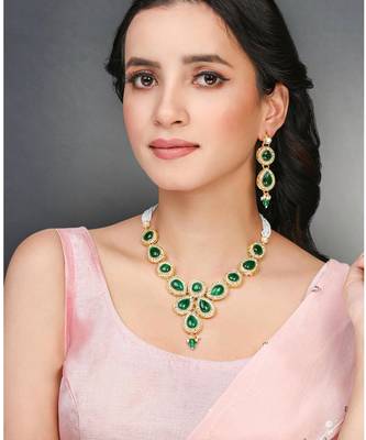 Green synthetic stone & beads studded necklace drop earrings 1