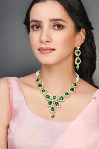 Green synthetic stone & beads studded necklace drop earrings