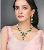 Green synthetic stone & beads studded necklace drop earrings