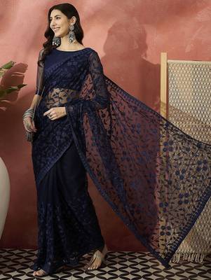 Navy blue embroidered saree with blouse piece 5