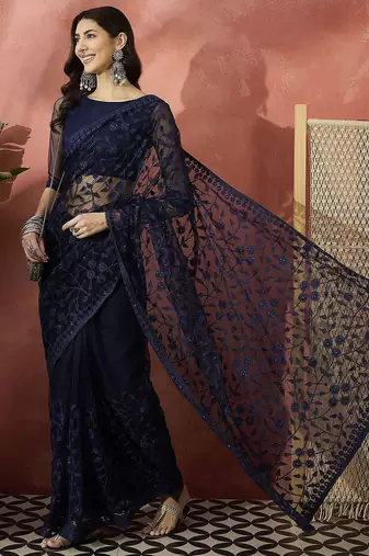 Navy blue embroidered saree with blouse piece