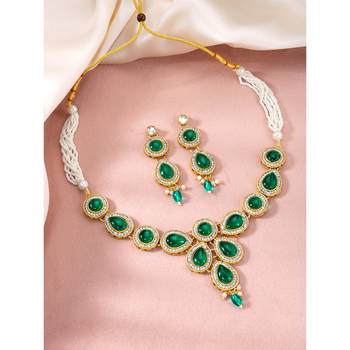 Green synthetic stone & beads studded necklace drop earrings 2