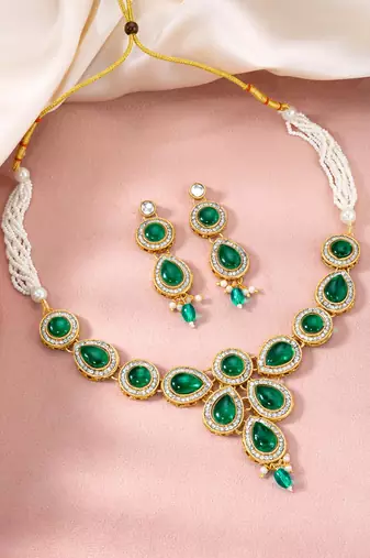 Green synthetic stone & beads studded necklace drop earrings