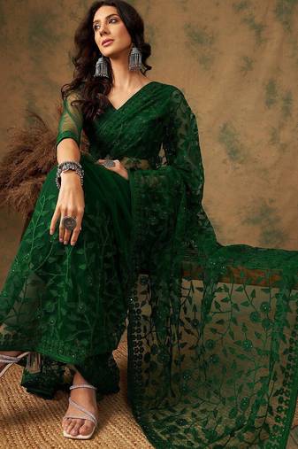 Olive floral embroidered net sarees