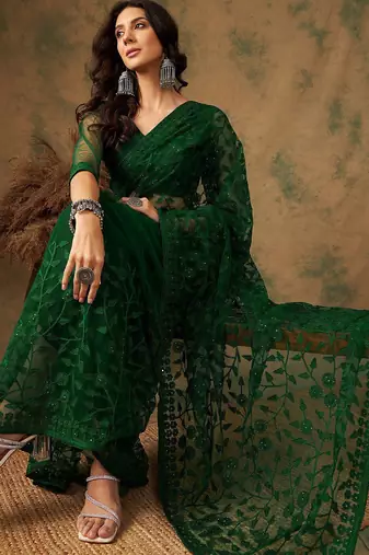 Olive floral embroidered net sarees