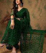 Olive floral embroidered net sarees