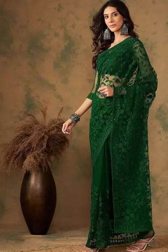 Olive floral embroidered net sarees