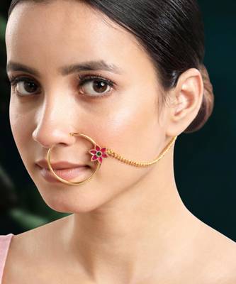 Women's gold toned red green synthetic stone studded nathiya non-piercing 1