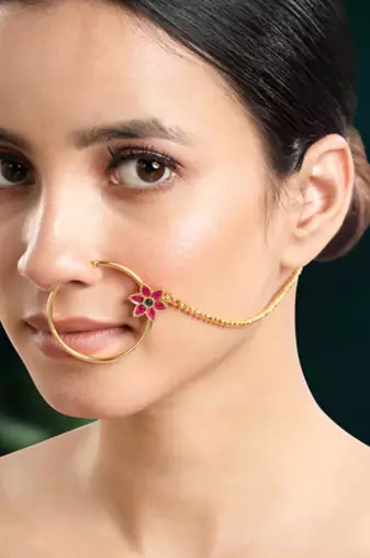 Women's gold toned red green synthetic stone studded nathiya non-piercing