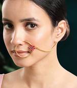 Women's gold toned red green synthetic stone studded nathiya non-piercing