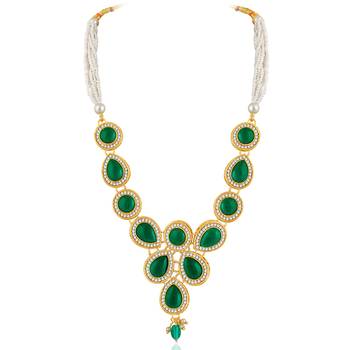 Green synthetic stone & beads studded necklace drop earrings 3