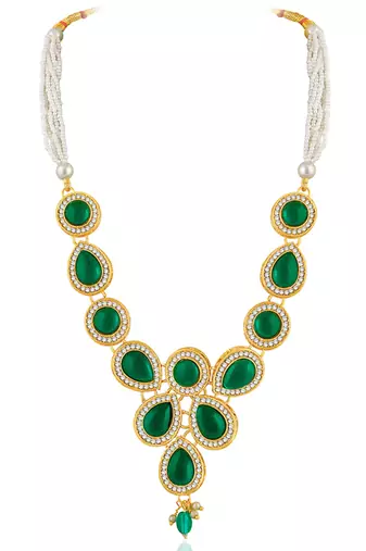 Green synthetic stone & beads studded necklace drop earrings