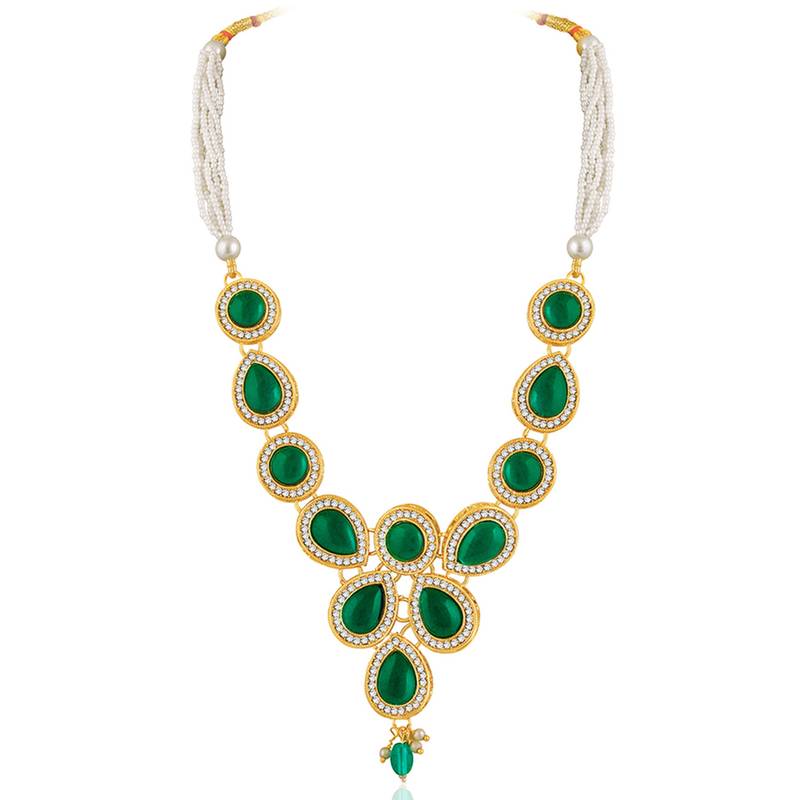 Green synthetic stone & beads studded necklace drop earrings