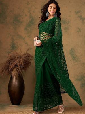 Olive floral embroidered net sarees 4