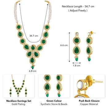 Green synthetic stone & beads studded necklace drop earrings 4