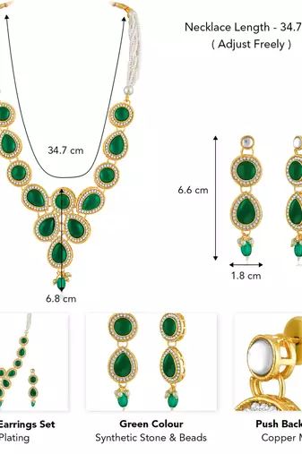 Green synthetic stone & beads studded necklace drop earrings