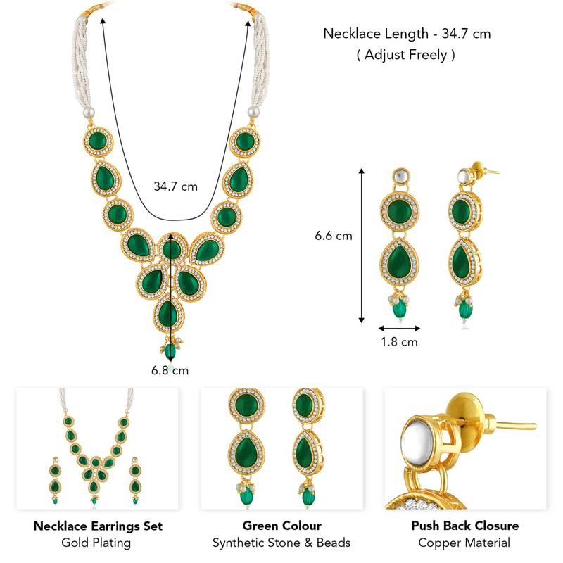 Green synthetic stone & beads studded necklace drop earrings