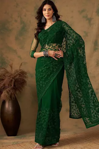 Olive floral embroidered net sarees