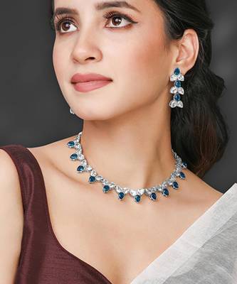 Silver plated blue synthetic stone & cubic zirconia studded necklace 1