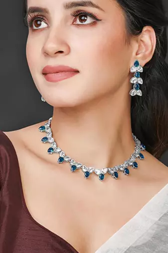 Silver plated blue synthetic stone & cubic zirconia studded necklace