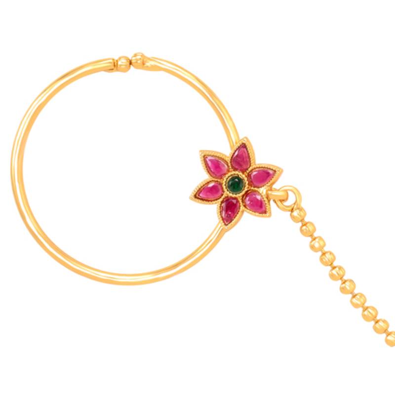 Women's gold toned red green synthetic stone studded nathiya non-piercing