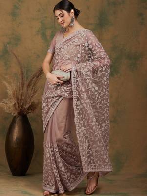 Beige floral embroidered net saree 1
