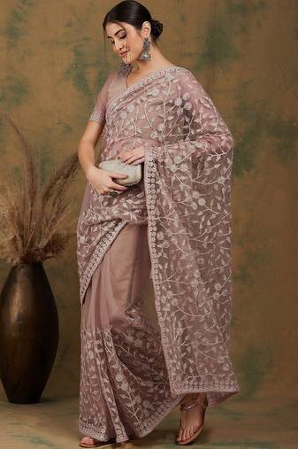 Beige floral embroidered net saree