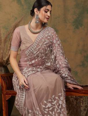 Beige floral embroidered net saree 2
