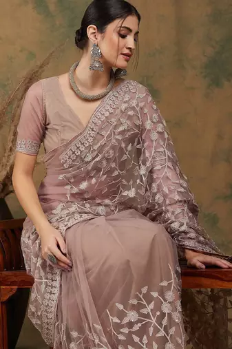Beige floral embroidered net saree