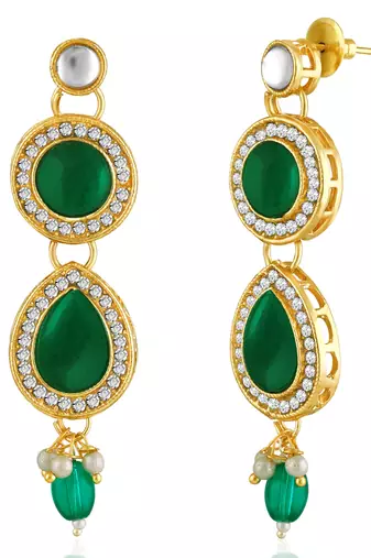 Green synthetic stone & beads studded necklace drop earrings