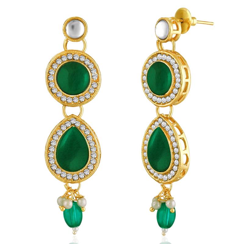 Green synthetic stone & beads studded necklace drop earrings