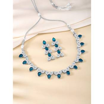 Silver plated blue synthetic stone & cubic zirconia studded necklace 2