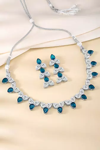 Silver plated blue synthetic stone & cubic zirconia studded necklace