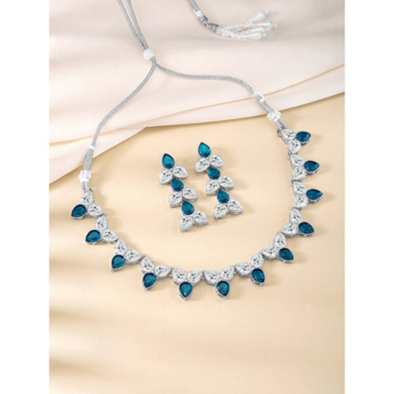 Silver plated blue synthetic stone & cubic zirconia studded necklace
