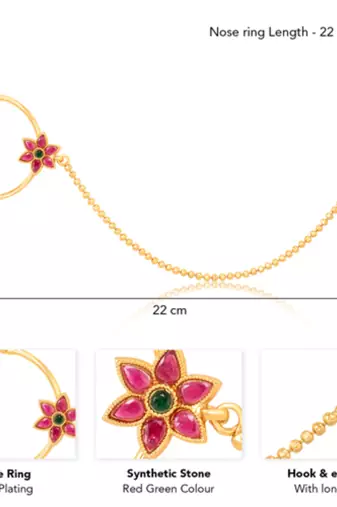 Women's gold toned red green synthetic stone studded nathiya non-piercing