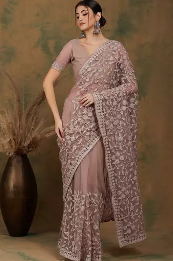 Beige floral embroidered net saree