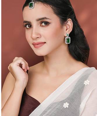 Women's silver toned cubic zirconia & green crystal studded drop earrings 1