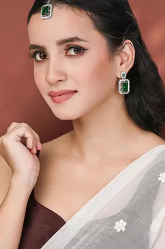 Women's silver toned cubic zirconia & green crystal studded drop earrings