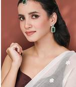 Women's silver toned cubic zirconia & green crystal studded drop earrings