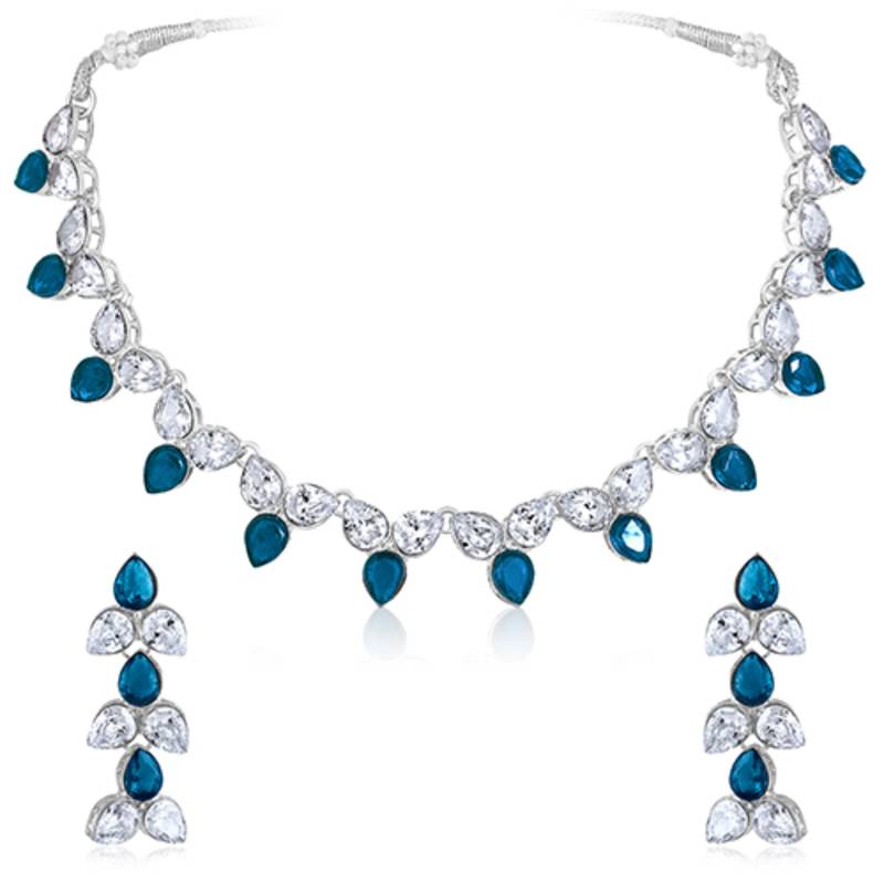 Silver plated blue synthetic stone & cubic zirconia studded necklace