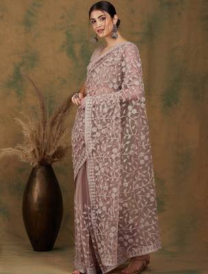 Beige floral embroidered net saree 4