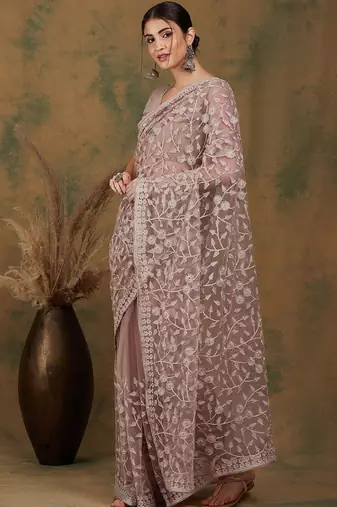 Beige floral embroidered net saree