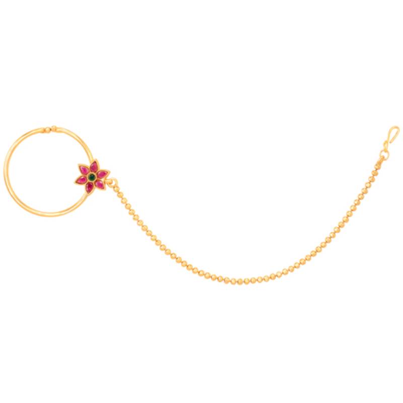 Women's gold toned red green synthetic stone studded nathiya non-piercing