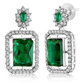 Women's silver toned cubic zirconia & green crystal studded drop earrings 2