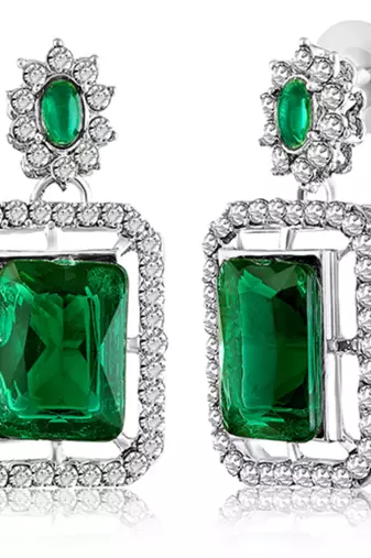 Women's silver toned cubic zirconia & green crystal studded drop earrings