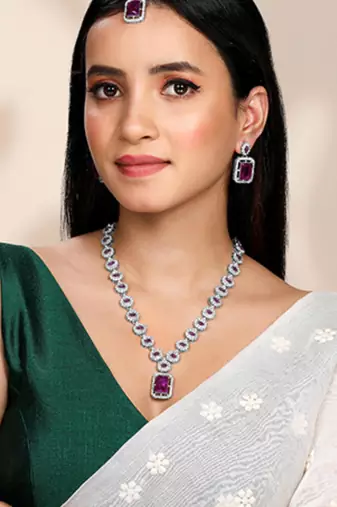 Silver plated purple synthetic stone & cubic zirconia studded
