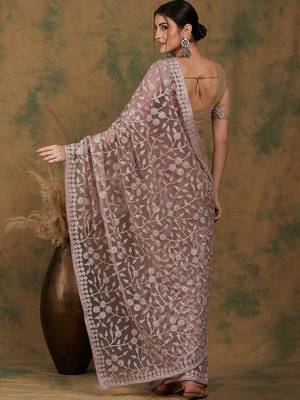 Beige floral embroidered net saree 5