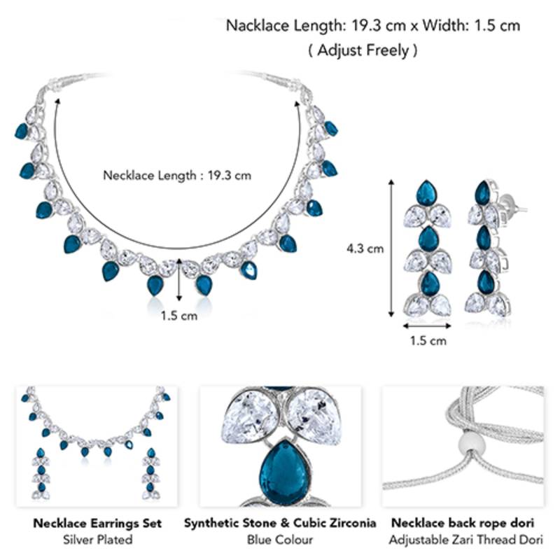 Silver plated blue synthetic stone & cubic zirconia studded necklace