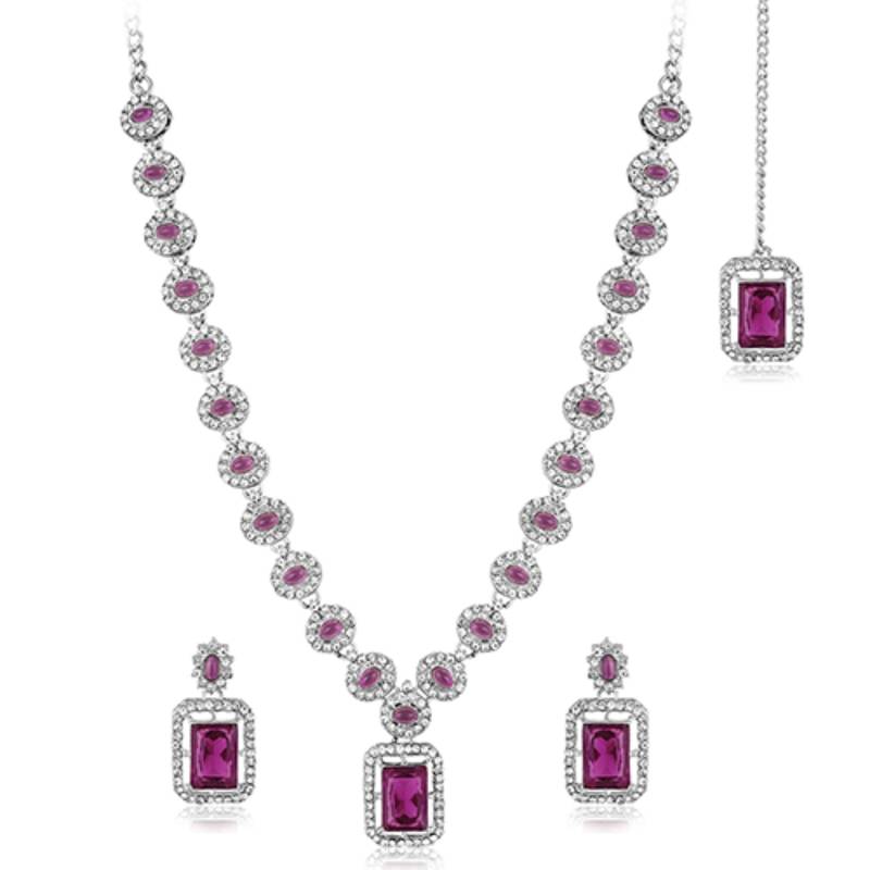 Silver plated purple synthetic stone & cubic zirconia studded