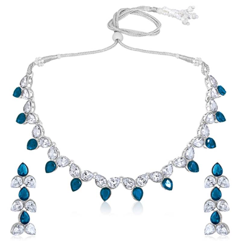 Silver plated blue synthetic stone & cubic zirconia studded necklace